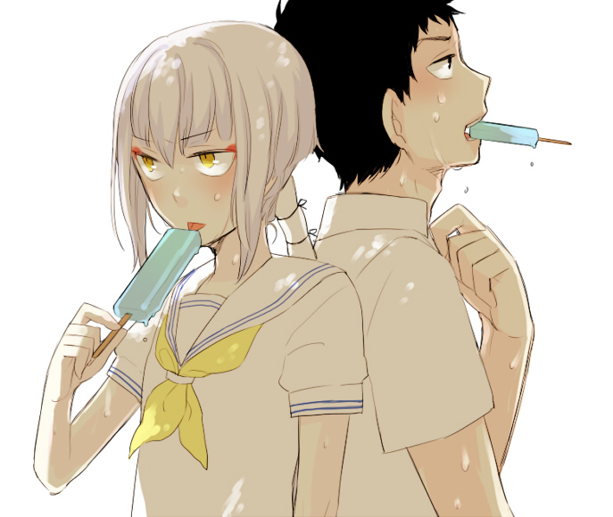1boy, 1girl, aged_down, ao_no_exorcist, black_hair, blush, food, hot, houjou_mamushi, inoue_mikuni, long_hair, ponytail, popsicle, school_uniform, serafuku, shima_juuzou, short_hair, simple_background, sweat, white_background, white_hair, yellow_eyes
