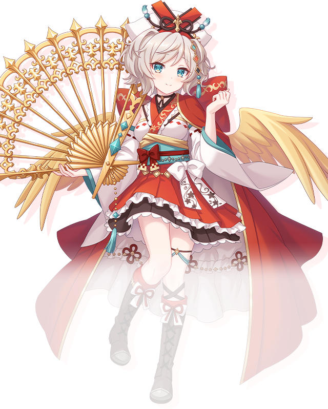 1girl, aqua_eyes, blush, boots, bow, breasts, brown_boots, cape, closed_mouth, dress_bow, full_body, golden_wings, grey_hair, hand_fan, hand_up, holding, holding_fan, houou_(princess_connect), knee_boots, lace-up_boots, looking_at_viewer, official_art, petite, princess_connect!, red_cape, short_hair, simple_background, smile, solo, standing, transparent_background, white_bow, wide_sleeves, wings