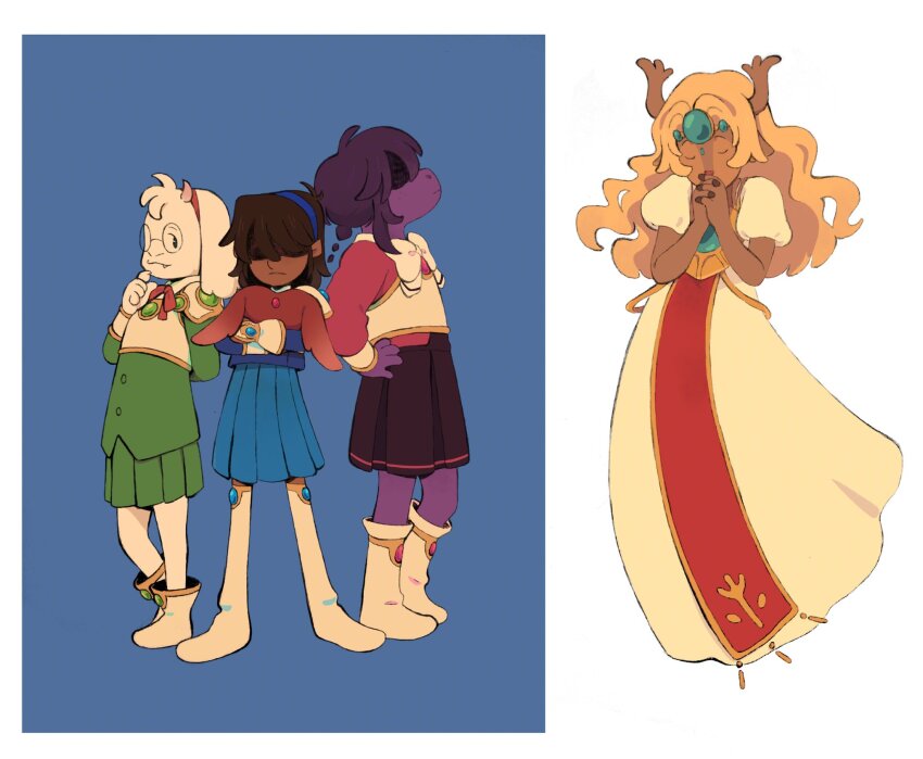 1boy, 2girls, 2others, antlers, blonde_hair, brown_hair, colored_skin, commentary