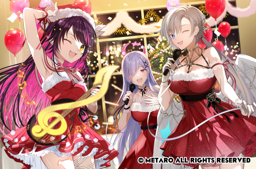 armpits, balloon, black_hair, black_ribbon, bow, breasts, christmas_ornaments, christmas_tree