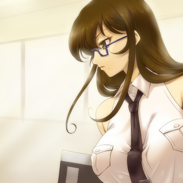 00s, 1girl, blue-framed_eyewear, breasts, brown_eyes, brown_hair, female_focus, glasses, hairu, huge_breasts, indoors, long_hair, necktie, osakabe_itoko, school_rumble, semi-rimless_eyewear, sleeveless, solo, teacher, under-rim_eyewear