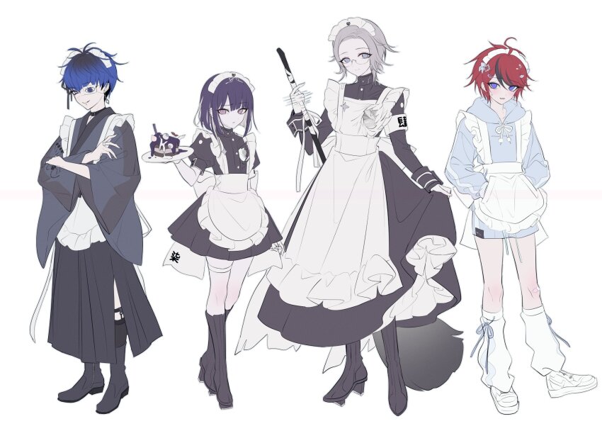 4boys, 4ro_1011, ahoge, aotsuki_eito, apron, armband, bandaid, bandaid_on_leg