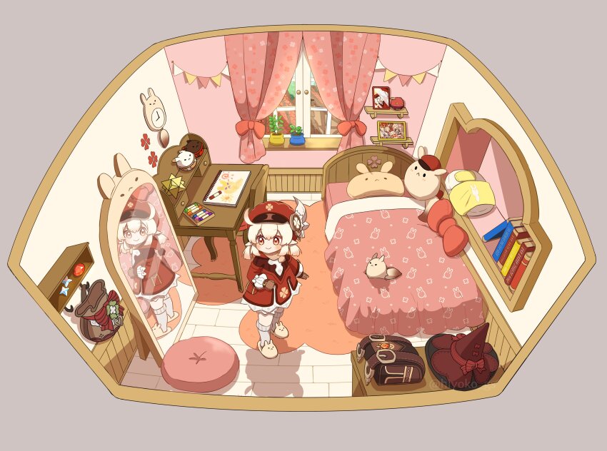 1girl, absurdres, ahoge, animal_slippers, aoyagi_(ao0701yagi), backpack, bag, bag_charm, bed, bedroom, blonde_hair, book, brown_gloves, chair, charm_(object), clock, commentary, crayon, curtains, dodoco_(genshin_impact), drawing_(object), dress, gem, genshin_impact, gloves, grey_background, hat, hat_feather, highres, indoors, klee_(genshin_impact), kneehighs, long_sleeves, looking_at_mirror, low_twintails, mirror, newsboy_cap, photo_(object), pillow, plant, pointy_ears, potted_plant, primogem, red_eyes, red_gem, red_hat, reflection, rug, sidelocks, slippers, smile, socks, solo, stuffed_animal, stuffed_toy, untranslatable_commentary, twintails, unworn_backpack, unworn_bag, wall_clock, white_socks, window, witch_hat, wooden_chair, wooden_desk