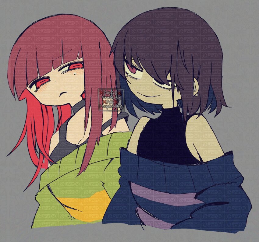 2girls, adversarial_noise, alternate_hair_length, alternate_hairstyle, black_shirt, black_tank_top, blue_sweater, blunt_bangs