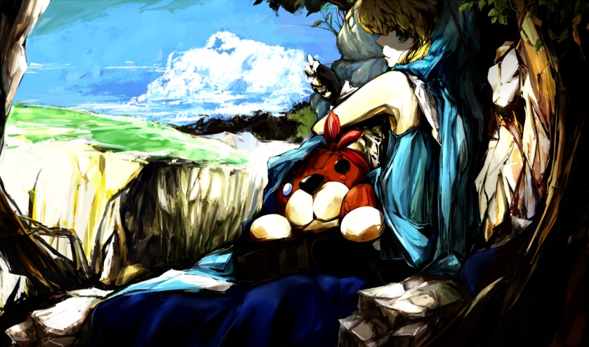 1boy, arc_system_works, bad_id, bad_pixiv_id, blonde_hair, bridget_(guilty_gear), cloud, day