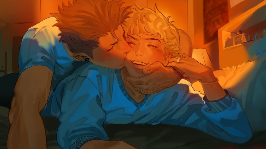 2boys, absurdres, ace_of_diamond, bed, blonde_hair, blue_shirt, brown_hair, closed_eyes, commentary, earrings, highres, isa_(babeyxiao), jewelry, kiss, kissing_cheek, kuramochi_youichi, long_sleeves, male_focus, multiple_boys, narumiya_mei, on_bed, open_mouth, ring, shirt, smile, teeth, yaoi