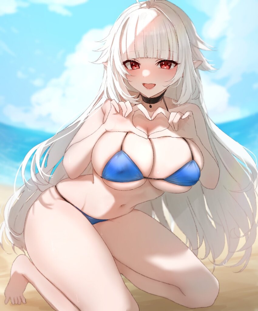 1girl, beach, bikini, black_choker, blue_bikini, breasts, choker, cleavage