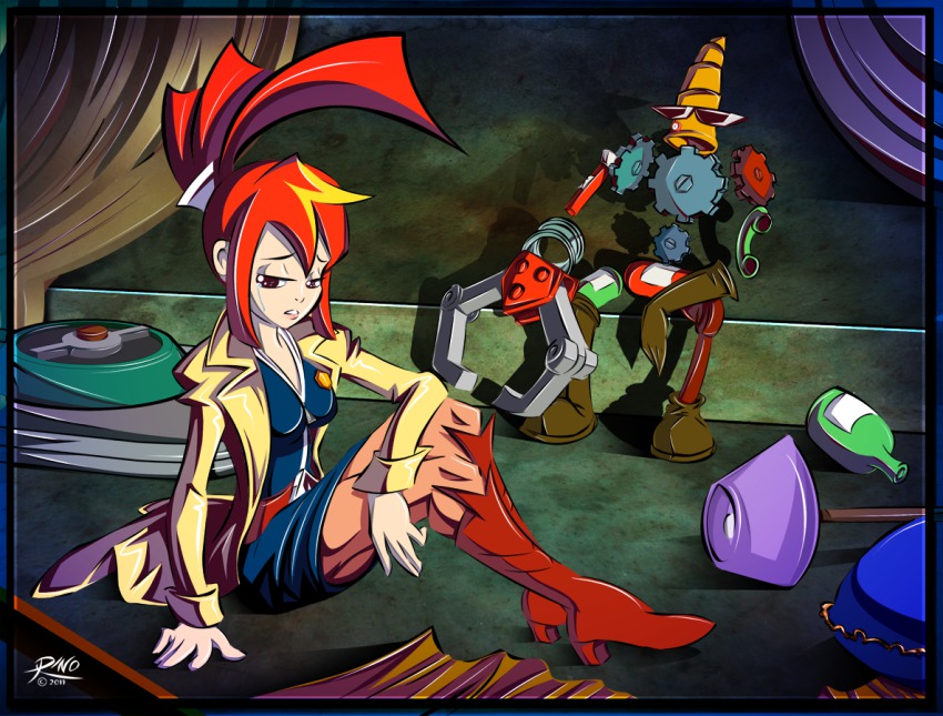 badge, belt, blue_dress, boots, bottle, capcom, coat, dress, gears, ghost_trick, lamp, lynne_(ghost_trick), open_clothes, open_coat, r-no71, red_hair, sitting, spoilers, tears, trench_coat, yomiel