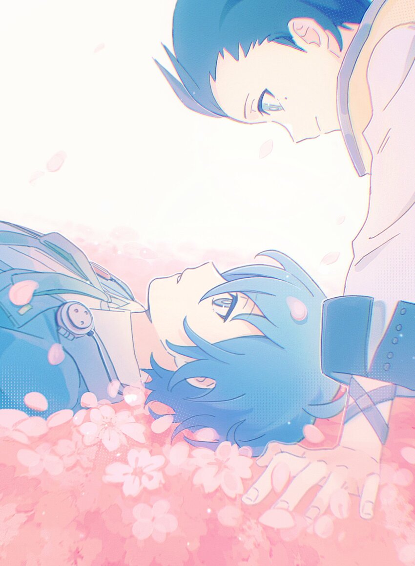 2boys, arm_support, black_hair, black_necktie, black_trim, blue_eyes, blue_hair, choco-reto_(xusagix), closed_mouth, collared_shirt, commentary, eye_contact, falling_petals, fingernails, flower, formal_clothes, gekkoukan_high_school_uniform, hair_slicked_back, headphones, headphones_around_neck, highres, jacket, lapels, looking_at_another, lying, male_focus, mochizuki_ryouji, multiple_boys, necktie, on_back, open_clothes, open_jacket, parted_lips, persona, persona_3, petals, pink_flower, profile, scarf, school_uniform, shirt, short_sideburns, sideburns, sleeve_cuffs, smile, suit, suit_jacket, white_shirt, wing_collar, yellow_scarf, yuuki_makoto_(persona_3)
