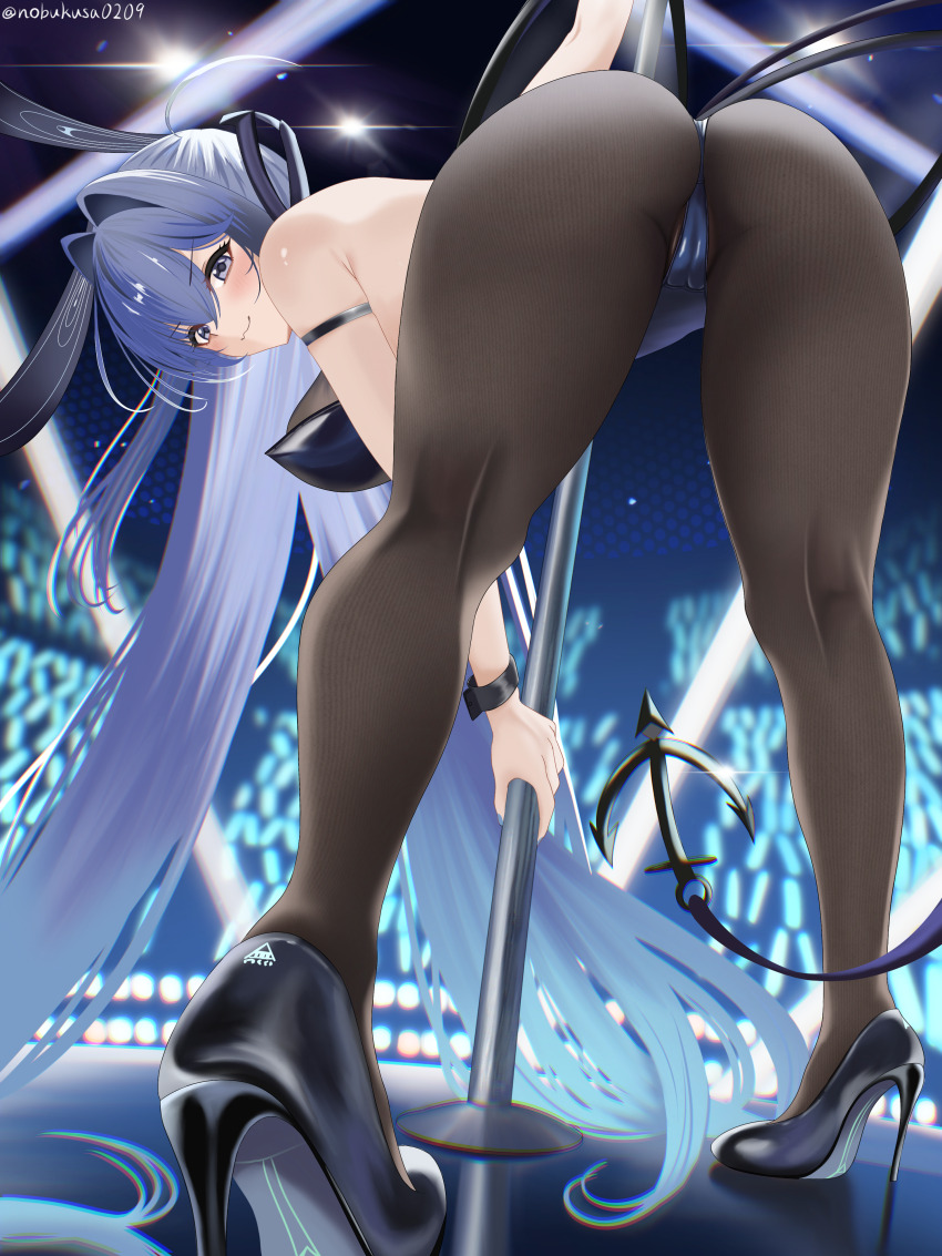 1girl, :3, absurdres, anchor_ornament, animal_ears, armband, armpit_crease, ass, azur_lane, bare_shoulders, bent_over, black_pantyhose, black_shoes, black_wrist_cuffs, blue_eyes, blue_hair, blue_leotard, blue_nails, blush, breasts, commentary, commentary_request, fake_animal_ears, glint, glowstick, hair_between_eyes, hair_intakes, high_heels, highres, holding, holding_pole, large_breasts, leotard, long_hair, looking_at_viewer, looking_back, nail_polish, new_jersey_(azur_lane), new_jersey_(exhilarating_steps!)_(azur_lane), nobukusa0209, official_alternate_costume, pantyhose, playboy_bunny, pole, rabbit_ears, shoes, smile, solo, spotlight, stage, stage_lights, standing, strapless, strapless_leotard, stripper_pole, thighs, turning_head, very_long_hair, wrist_cuffs