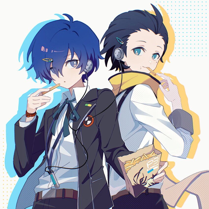 2boys, aqua_eyes, arm_up, back-to-back, bag, belt, belt_buckle, black_hair
