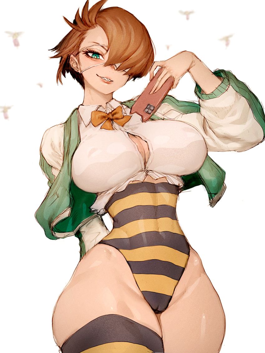 1girl, arm_behind_back, bee, black_lips, black_nails, black_thighhighs, boku_no_hero_academia, bow, breasts, brown_hair, bug, cameltoe, cellphone, cleavage, collared_shirt, earrings, eyepatch, fumio_(rsqkr), green_eyes, green_jacket, hachisuka_kuin, hair_over_one_eye, highres, holding, holding_phone, insect, jacket, jewelry, large_breasts, leotard, long_sleeves, multicolored_leotard, multicolored_thighhighs, orange_bow, partially_unbuttoned, phone, sharp_teeth, shirt, short_hair, single_thighhigh, smartphone, smile, solo, standing, striped_clothes, striped_leotard, striped_thighhighs, teeth, thighhighs, upper_body, vigilante_-boku_no_hero_academia:_illegals-, white_background, yellow_leotard, yellow_thighhighs