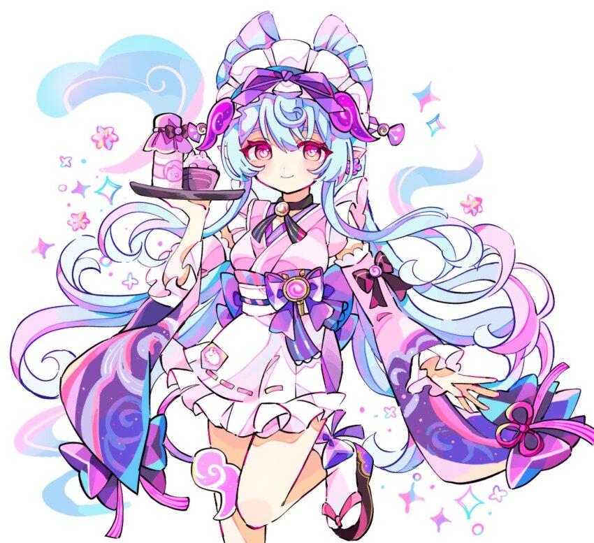 1girl, apron, blue_hair, blush, bow, breasts, closed_mouth, commentary