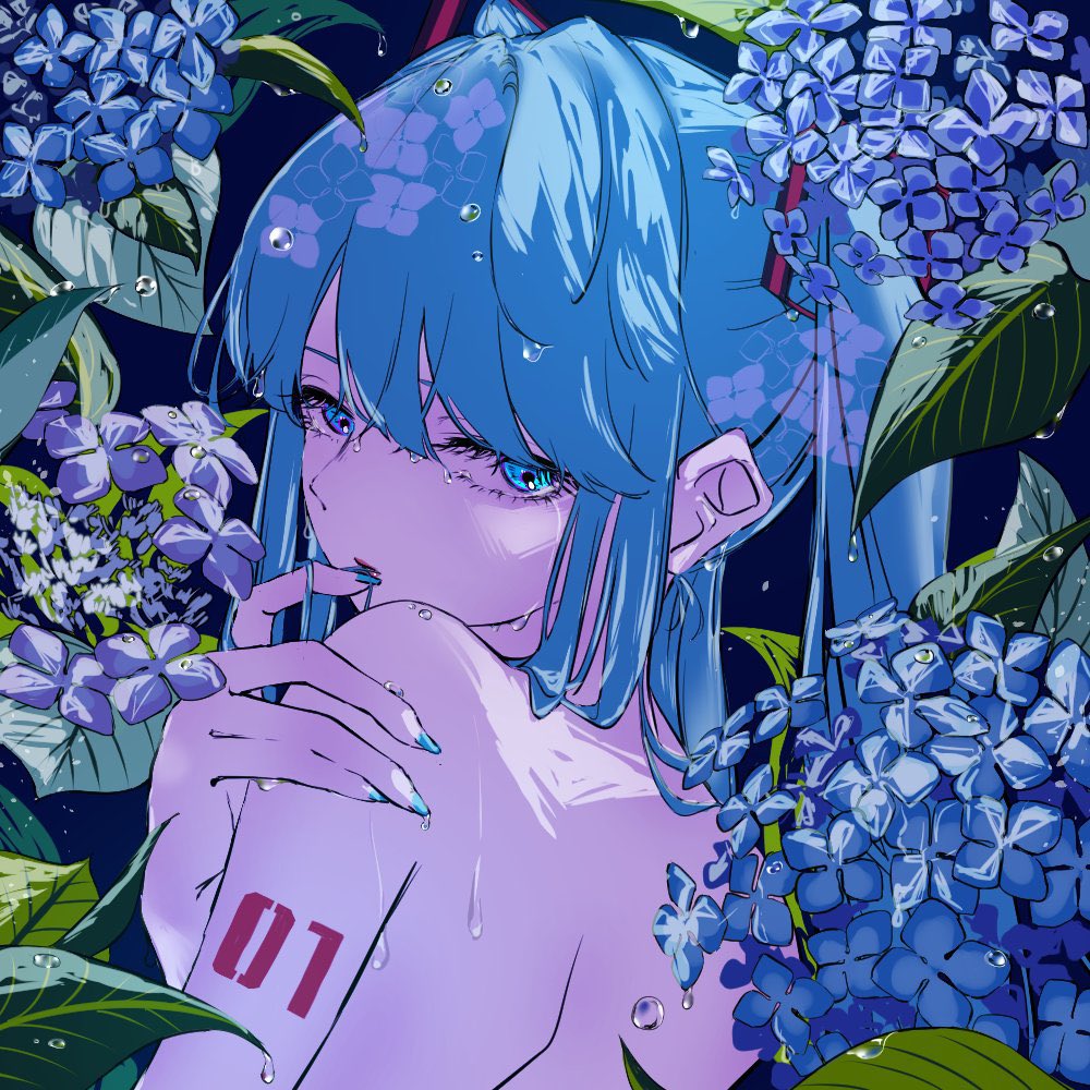 1girl, aqua_eyes, aqua_nails, arm_tattoo, bare_back, bare_shoulders, blue_eyes, blue_flower, blue_hair, blue_theme, blunt_bangs, commentary, crying, crying_with_eyes_open, eyelashes, floral_print, flower, from_behind, half-closed_eyes, hand_on_own_shoulder, hatsune_miku, hydrangea, hydrangea_print, long_hair, looking_at_viewer, looking_back, meso_potamia, nude, number_tattoo, pale_skin, purple_flower, shoulder_blades, shoulder_tattoo, sidelocks, solo, streaming_tears, swept_bangs, tattoo, tears, turning_head, twintails, upper_body, vocaloid, water_drop, wet, wet_hair