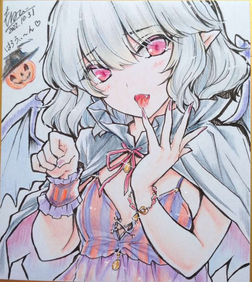 1girl, 2022, absurdres, artist_name, bat_wings, black_hat, blue_bra, blue_cloak, blue_hair, blush, bra, bracelet, cloak, close-up, commentary_request, dated, eyebrows_hidden_by_hair, eyelashes, fang, fingernails, hair_between_eyes, hair_over_eyes, halloween, halloween_costume, hat, highres, jack-o'-lantern, jewelry, lace, lace-trimmed_bra, lace-trimmed_cloak, lace_trim, looking_at_viewer, monety, open_mouth, paw_pose, pendant, pink_eyes, pink_skirt, pointy_ears, pumpkin, purple_nails, red_bra, red_eyes, remilia_scarlet, shikishi, short_hair, signature, simple_background, single_wrist_cuff, skirt, solo, striped_bra, striped_clothes, tongue, tongue_out, touhou, traditional_media, underwear, upper_body, vertical-striped_bra, vertical-striped_clothes, white_background, wings, wrist_cuffs