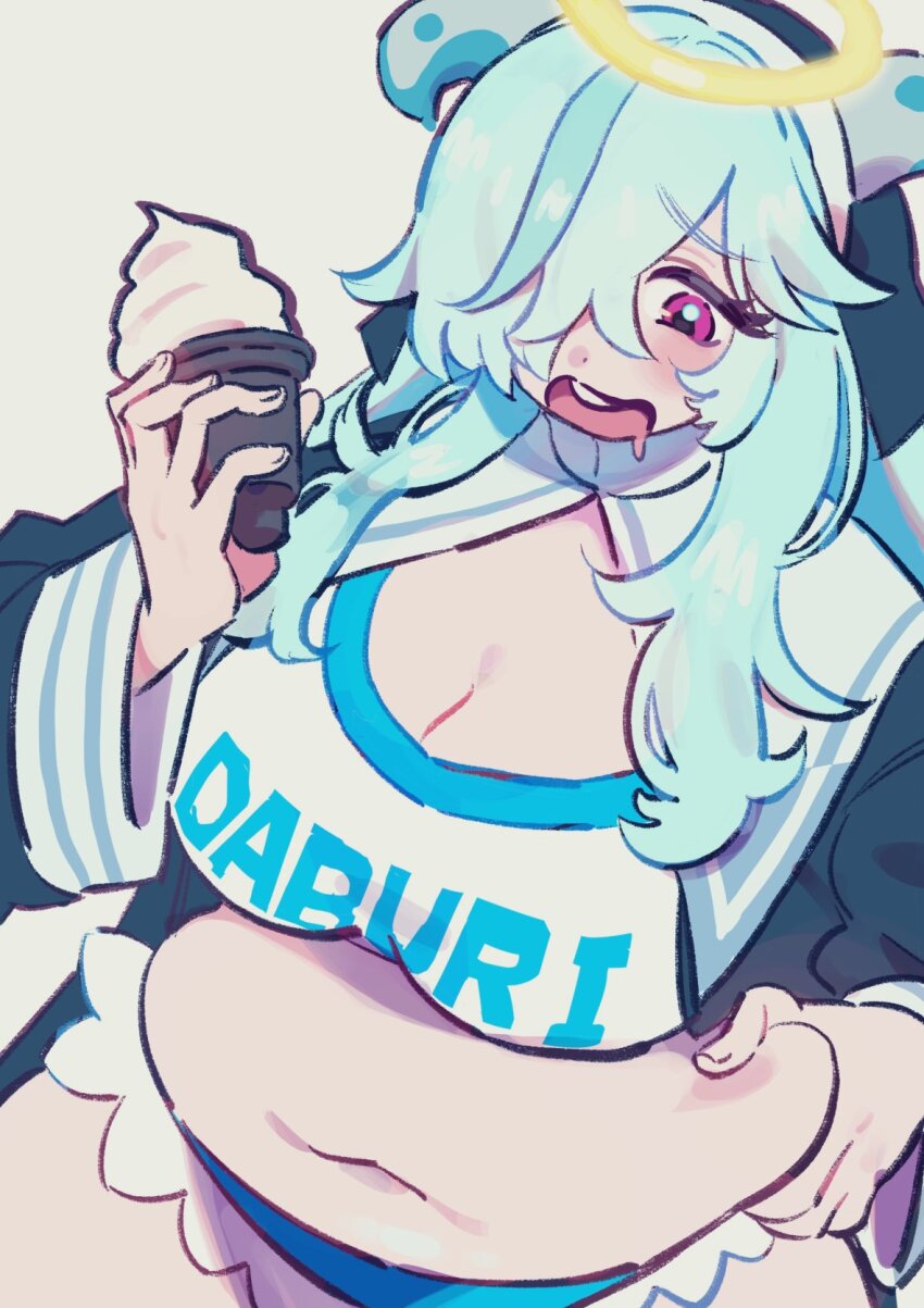 1girl, belly, black_coif, black_dress, blue_hair, blue_shorts, blush, breasts, cleavage, commentary_request, doubliel, dress, drooling, food, halo, highres, holding, holding_ice_cream_cone, ice_cream, ice_cream_cone, large_breasts, long_hair, looking_down, mahjong_fight_girl, mouth_drool, nara_123, open_mouth, pinching_own_belly, pink_eyes, plump, short_shorts, shorts, simple_background, solo, traditional_halo, upper_body, white_background, yellow_halo