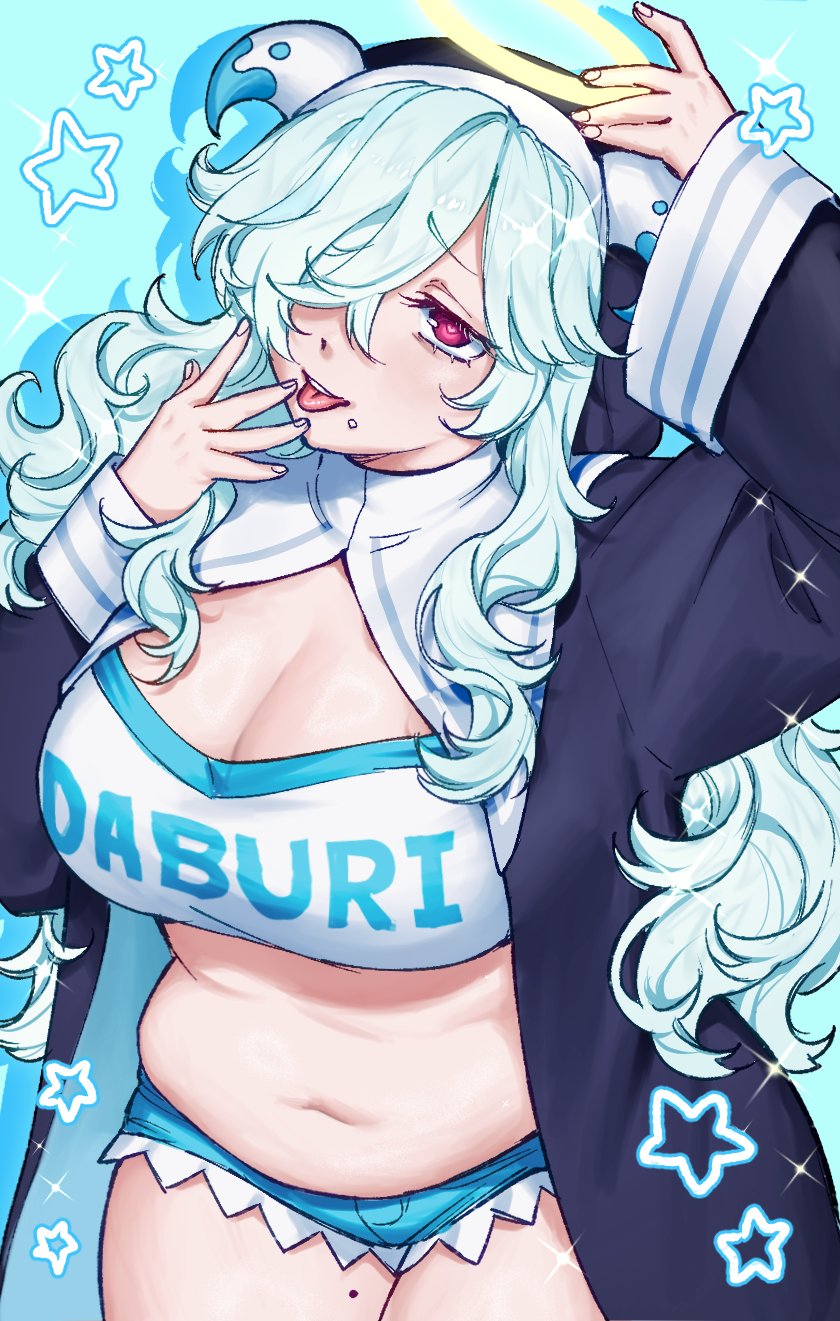 1girl, arm_up, belly, black_dress, blue_background, blue_hair, blue_shorts, breasts, cleavage, commentary, cowboy_shot, doubliel, dress, english_commentary, fingernails, hair_between_eyes, hair_over_one_eye, halo, highres, horns, large_breasts, long_bangs, long_hair, long_sleeves, looking_at_viewer, mahjong_fight_girl, midriff, mole, mole_on_thigh, navel, open_clothes, open_dress, open_mouth, pink_hair, plump, short_shorts, shorts, smile, solo, sports_bra, teteomom, tongue, tongue_out, traditional_halo, white_horns, white_sports_bra, yellow_halo