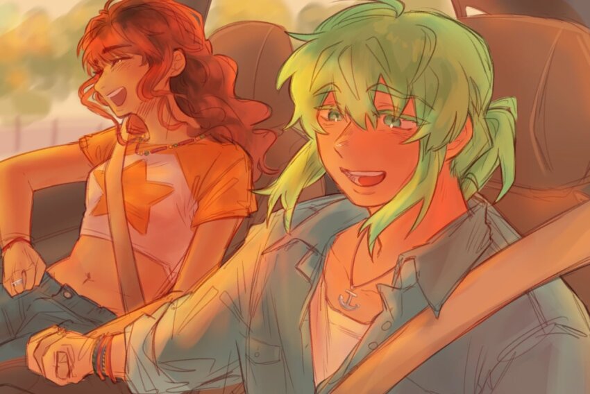 1boy, 1girl, :d, anchor_necklace, bead_bracelet, bead_necklace, beads, blue_coat