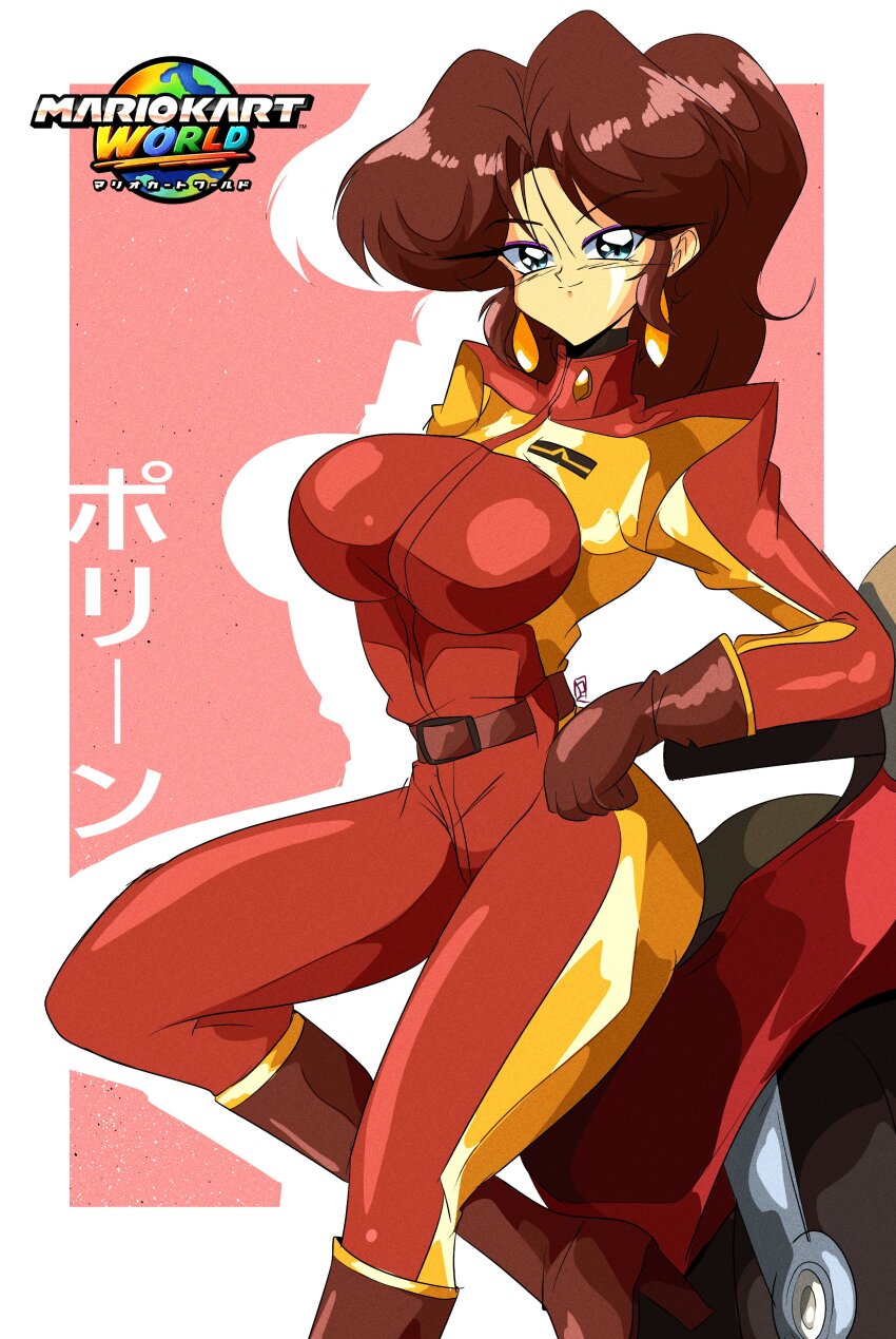 1990s_(style), 1girl, 2025, absurdres, belt, biker_clothes, blue_eyes, bodysuit