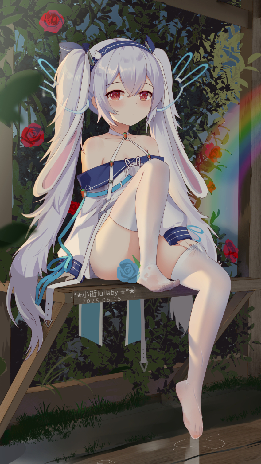 1girl, animal_ear_hairband, animal_ears, arm_support, artist_name, azur_lane, bare_shoulders, bench
