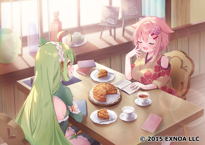 2girls, :d, ahoge, apple_pie, bare_shoulders, black_thighhighs, book, breasts