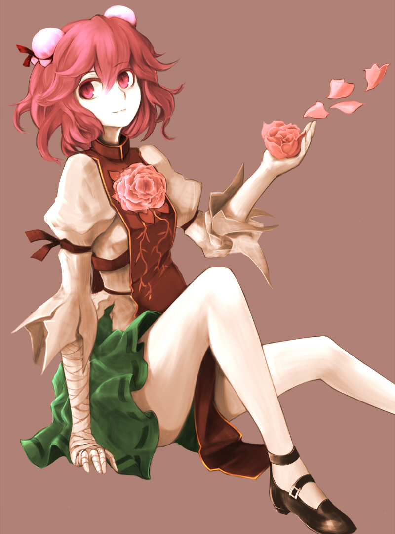 1girl, bandages, bare_legs, bun_cover, chinese_clothes, crystaline_lens, double_bun, female_focus, flower, ibaraki_kasen, no_socks, pink_eyes, pink_hair, ribbon, rose, short_hair, sitting, solo, touhou