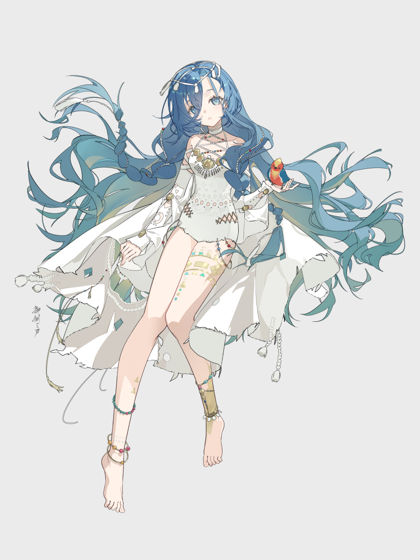 1girl, 37_(down_in_the_grotto)_(reverse:1999), 37_(reverse:1999), absurdres, anklet, bare_shoulders, barefoot, bird