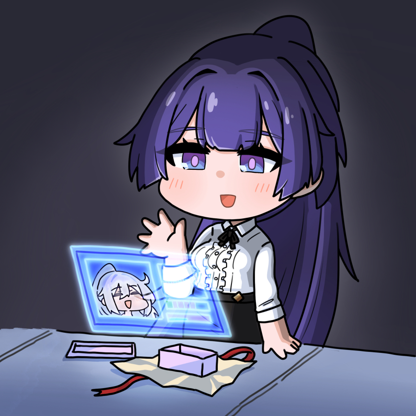 2girls, :d, black_skirt, box, breasts, center_frills, chibi, collared_shirt