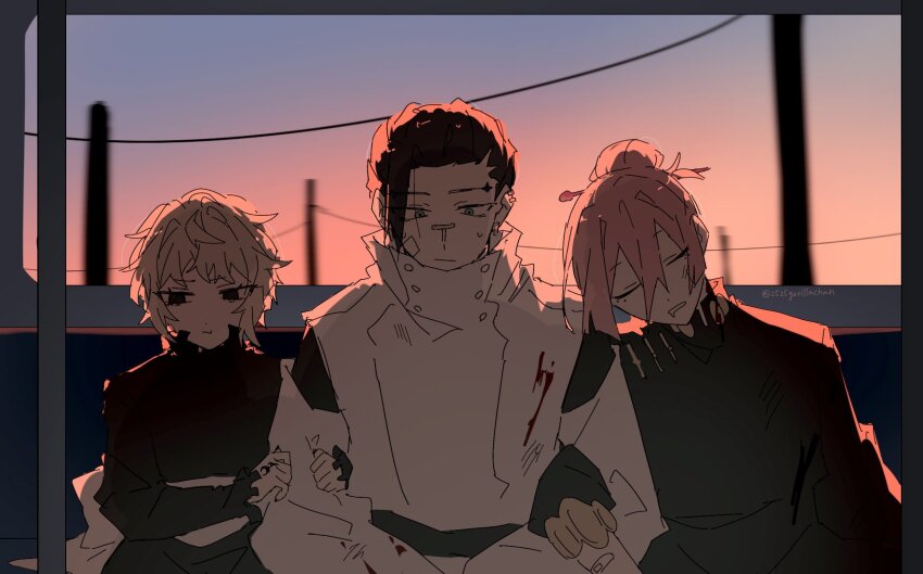 1girl, 2boys, black_hair, blonde_hair, blue_eyes, closed_mouth, collared_shirt, gorira_(2525gorillachan)