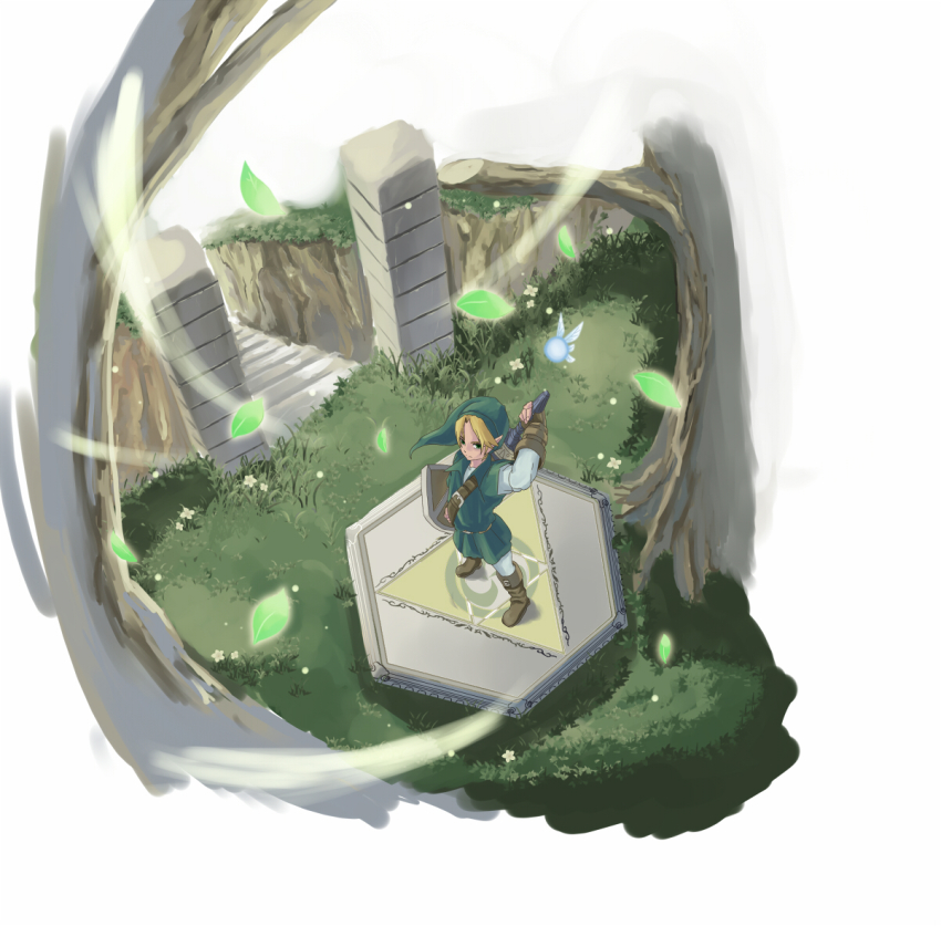 blonde_hair, blue_eyes, fairy, flower, gloves, grass, hat, leaf