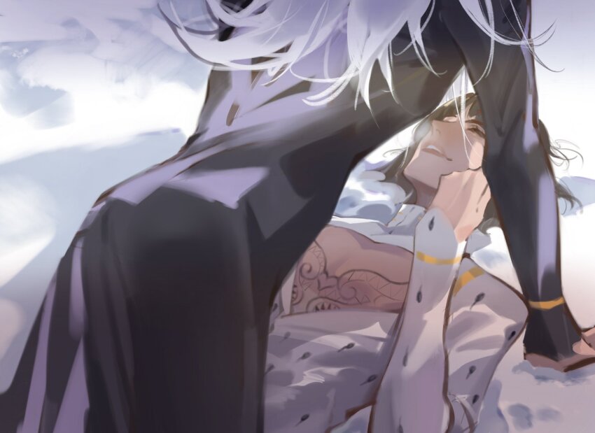 2boys, arm_support, arm_up, black_coat, black_hair, blunt_ends, bruno_bucciarati, chest_tattoo