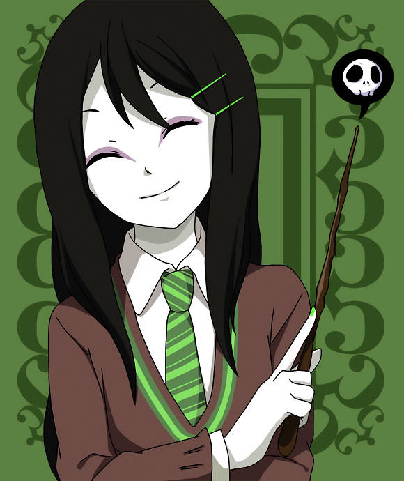 ^_^, alternate_costume, artemis-girl, black_hair, closed_eyes, cosplay, deviantart, eyeliner, formal_clothes, green_background, hair_between_eyes, hair_ornament, hairclip, harry_potter_(cosplay), long_hair, makeup, nail_polish, naruto_(series), orochimaru_(naruto), pale_skin, patterned_background, smile, speech_bubble, spoken_skull, striped_clothes, suit, wand