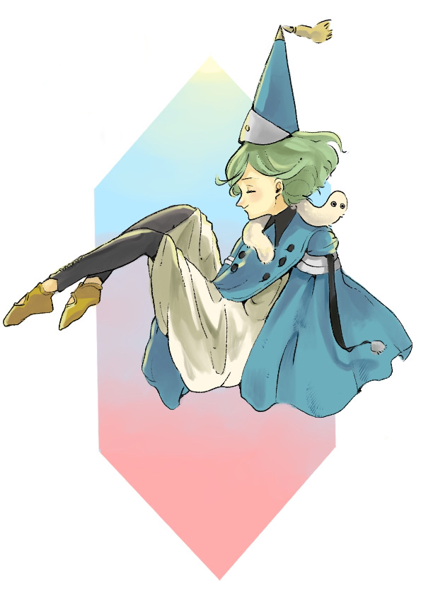 1girl, black_pants, blue_cloak, blush, brushbuddy, cloak, closed_eyes, closed_mouth, coco_(tongari_boushi_no_atelier), dress, full_body, green_hair, hat, pants, shoes, short_hair, simple_background, smile, tongari_boushi_no_atelier, user_dgkw2825, white_background, white_dress, witch, witch_hat, yellow_shoes