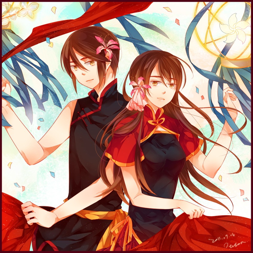 1boy, 1girl, arms_up, axis_powers_hetalia, bad_id, bad_pixiv_id, border, brown_hair