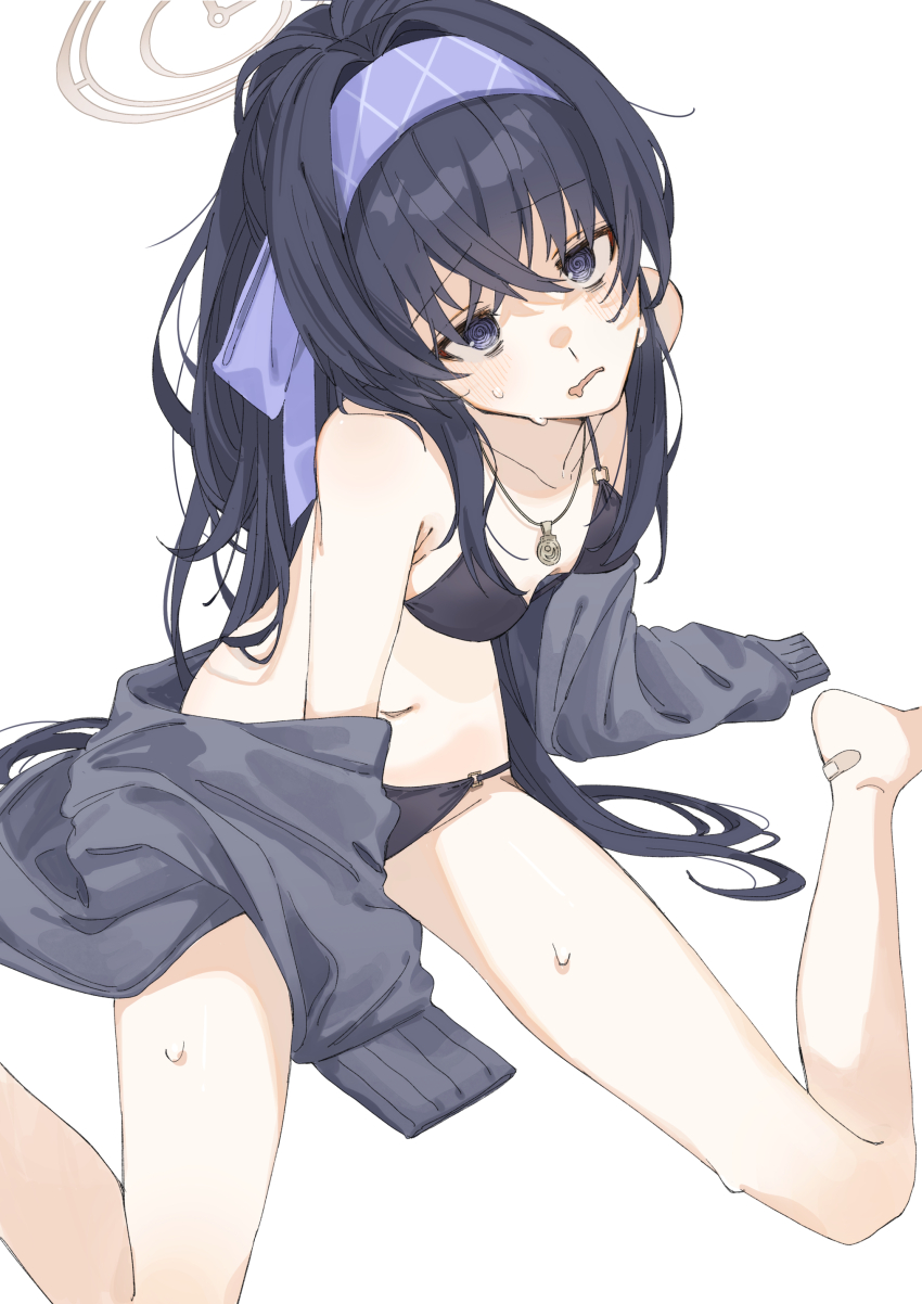 1girl, absurdres, bandaid, barefoot, bikini, black_bikini, black_eyes, black_hair, blue_archive, closed_mouth, dressing, drooling, groin, hair_ornament, halo, highres, loli, long_hair, navel, neyaneyashiteru, off_shoulder, simple_background, sweat, sweatdrop, swimsuit, thighs, ui_(blue_archive), white_background