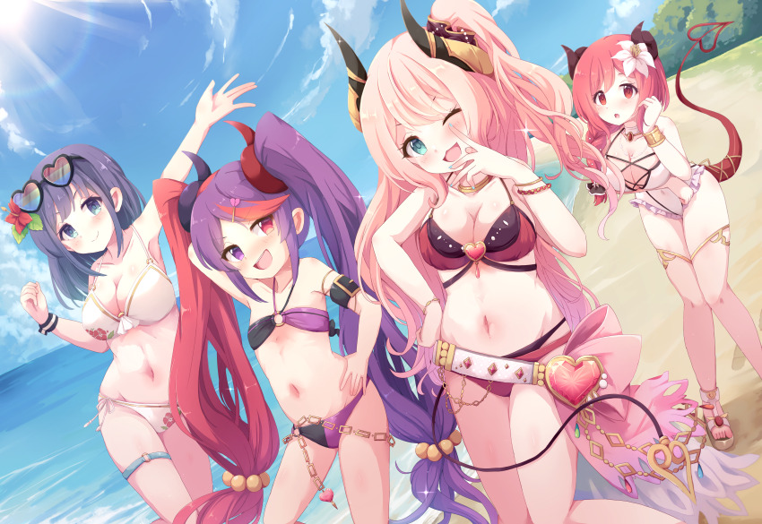 4girls, :o, absurdres, arm_up, armlet, beach, belt, bikini