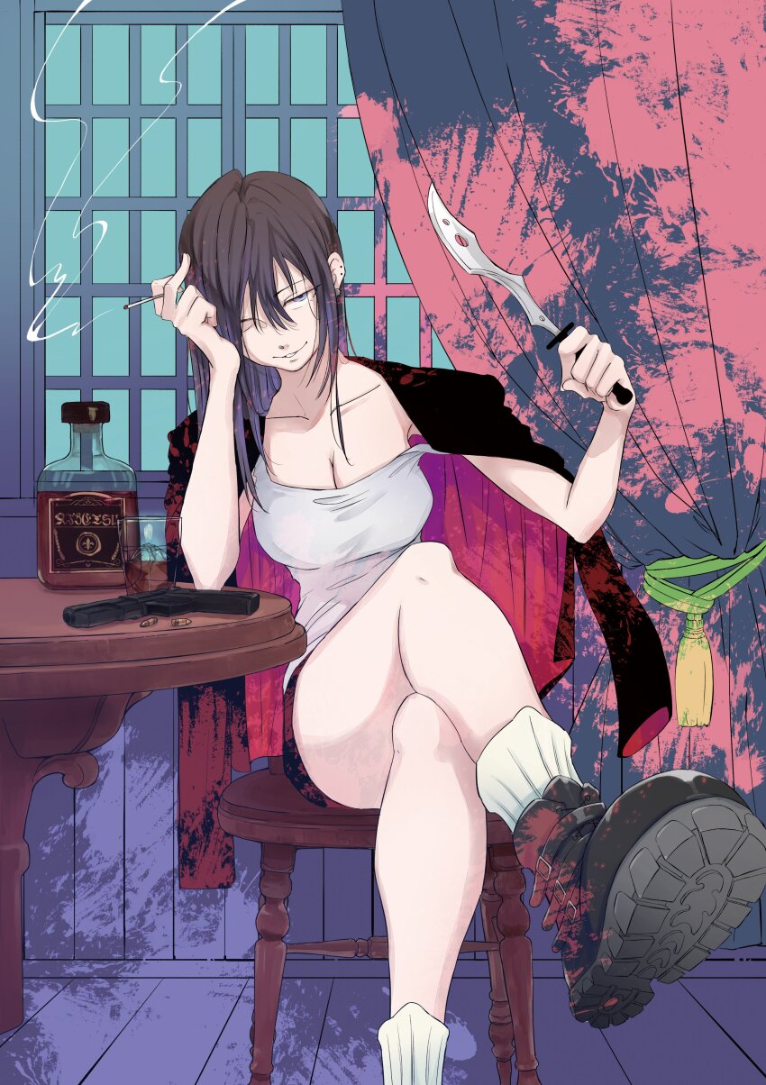 absurdres, alcohol, anemone_(kizetsu_yuusha), assassin, black_jacket, blood, blood_on_clothes, blood_on_shoes, blood_splatter, chapter_cover, cover, crossed_legs, cz_75, dagger, gun, handgun, highres, holding, holding_dagger, holding_knife, holding_weapon, jacket, jacket_on_shoulders, k_setsuda, kizetsu_yuusha_to_ansatsu_hime, knife, official_art, shirt, sitting, smoking, weapon, white_shirt