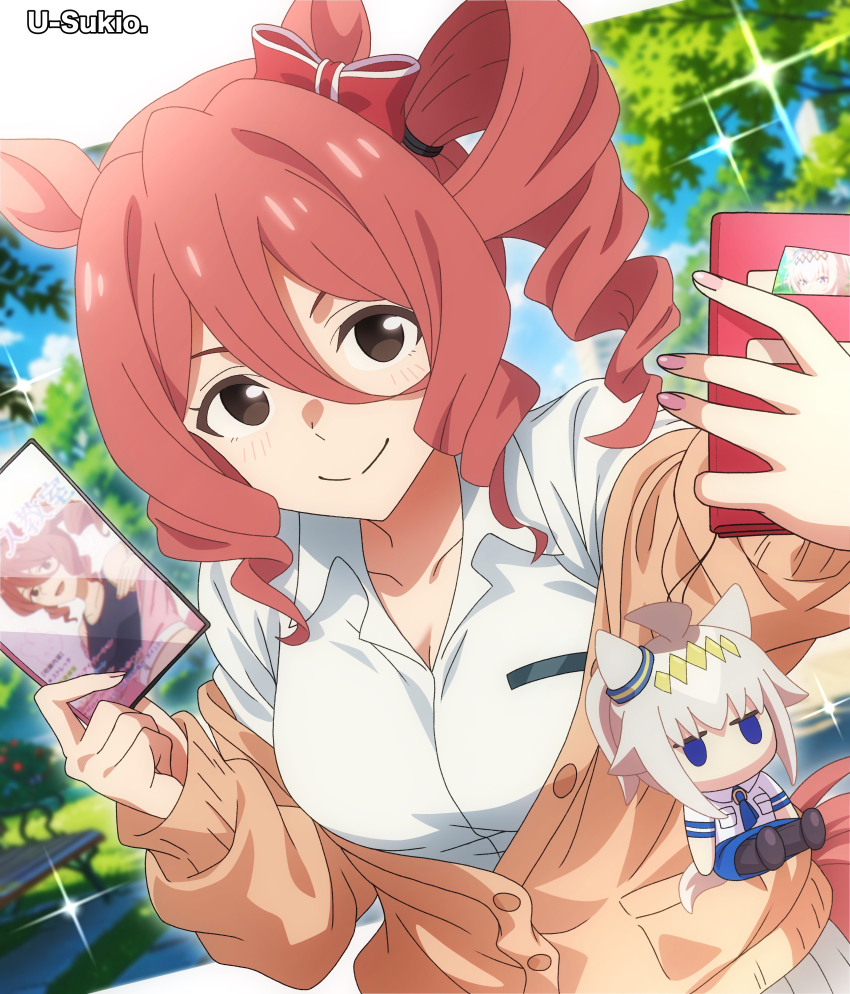 1girl, absurdres, animal_ears, breasts, brown_hair, cleavage, drill_hair, highres, holding, holding_phone, horse_ears, horse_girl, looking_at_viewer, norn_ace_(umamusume), oguri_cap_(umamusume), phone, shirt, smile, solo, u-sukio., umamusume, umamusume:_cinderella_gray, white_shirt