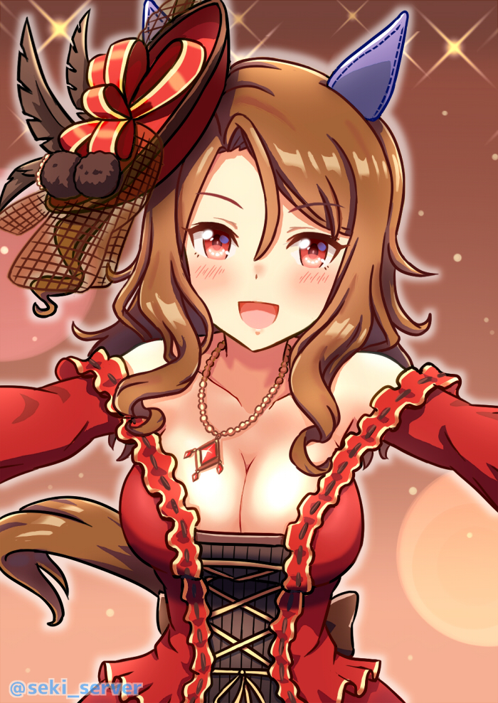 1girl, animal_ears, breasts, brown_hair, cleavage, dress, hat, horse_ears, horse_girl, jewelry, king_halo_(tonight_we_waltz)_(umamusume), king_halo_(umamusume), looking_at_viewer, necklace, red_dress, red_eyes, red_hat, seki_(hyokosho), smile, solo, umamusume