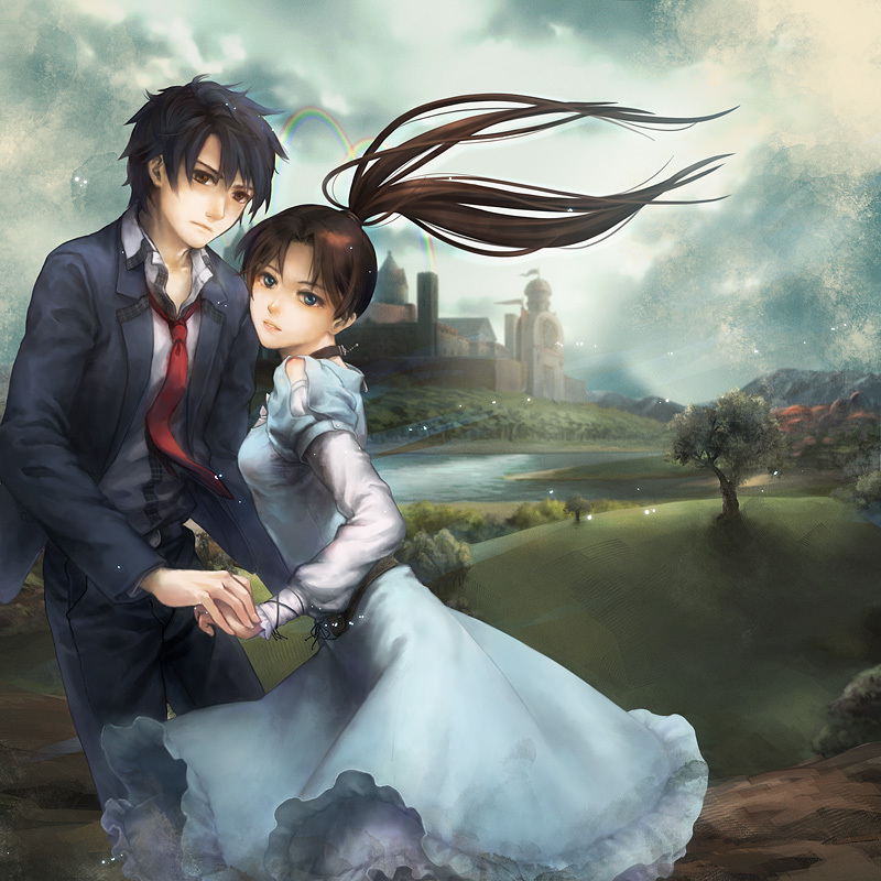 1boy, 1girl, bad_id, bad_pixiv_id, black_hair, blue_dress, blue_eyes, brown_eyes