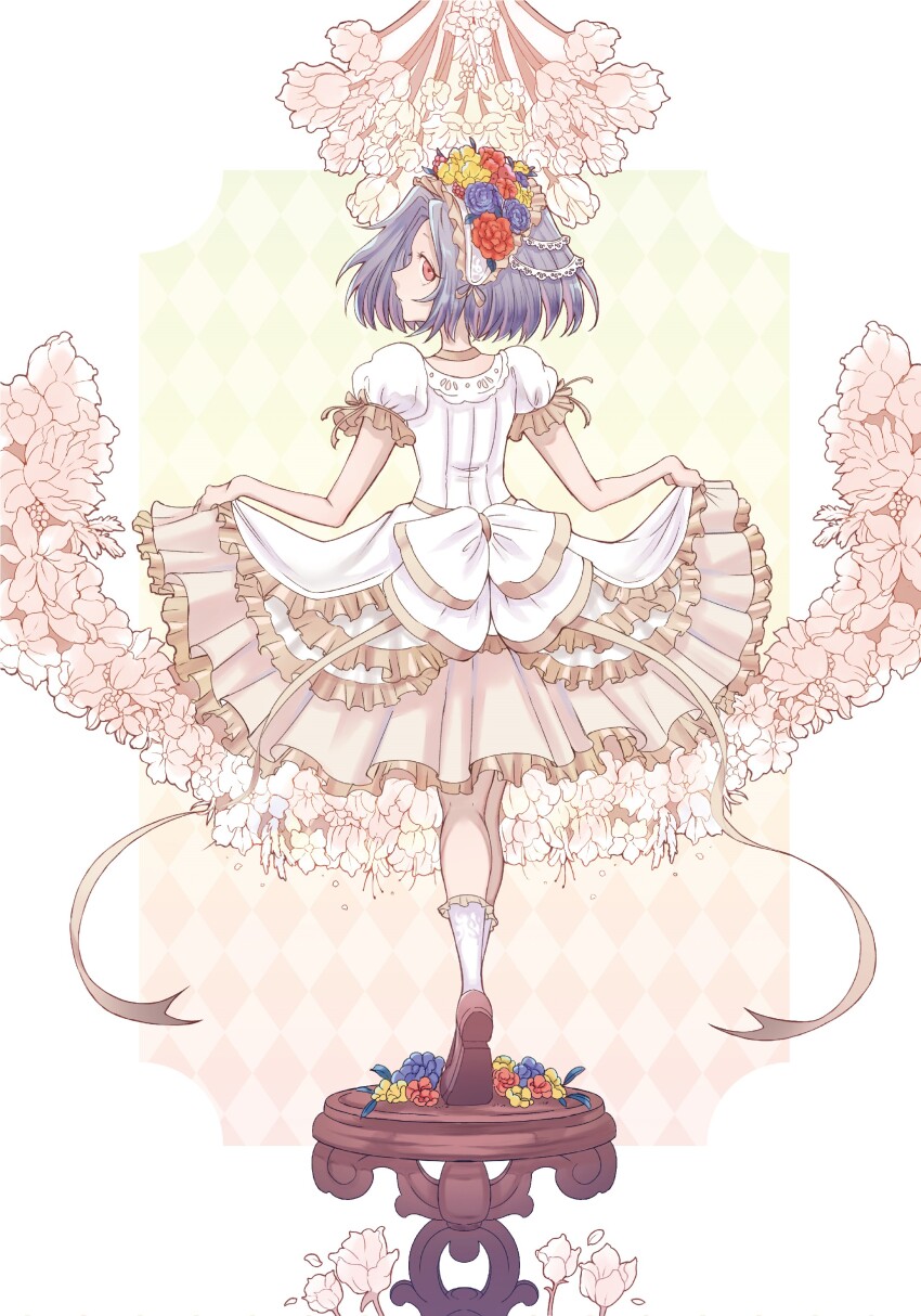absurdres, brown_shoes, chapter_cover, choker, ciel_(kizetsu_yuusha), cover, dress, flower