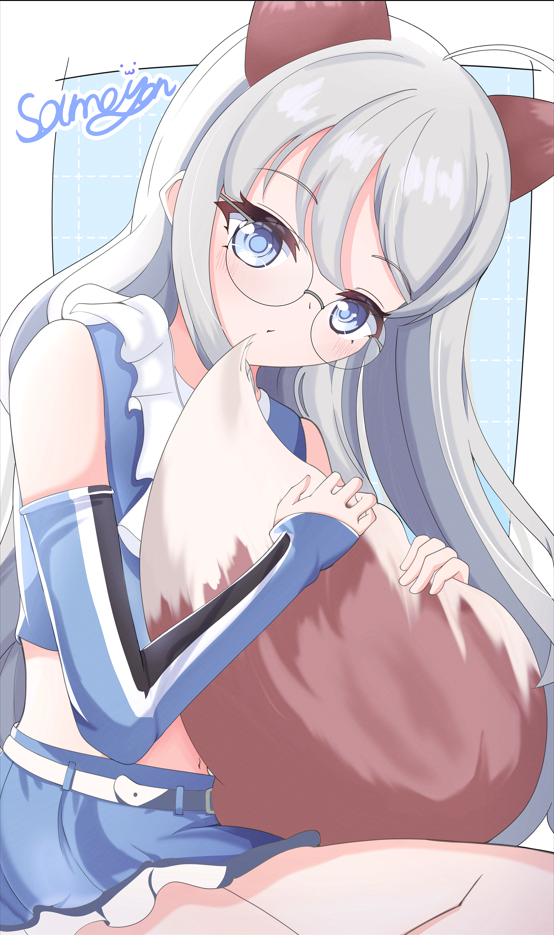 ahoge, animal_ears, artist_name, belt, blue_eyes, blue_shirt, blue_skirt, cheerleader