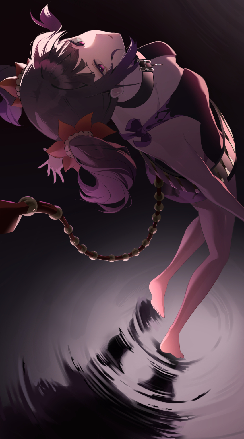 1girl, absurdres, barefoot, belt, black_choker, bracelet, braid, breasts