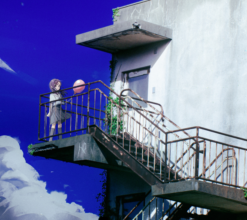 1girl, absurdres, balloon, bow, bowtie, building, cloud, cloudy_sky