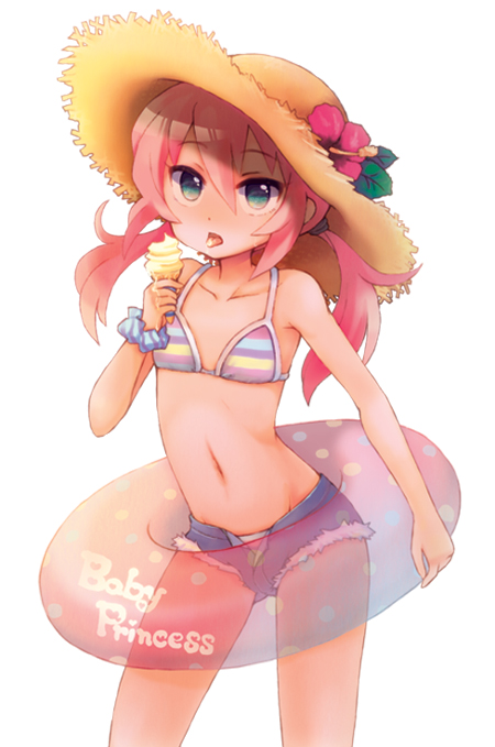 1boy, bikini, bikini_top_only, bulge, chonkoo, cutoffs, denim, denim_shorts, english_text, flat_chest, food, green_eyes, hat, ice_cream, inazuma_eleven, inazuma_eleven_(series), inazuma_eleven_go, innertube, kirino_ranmaru, licking, long_hair, male_focus, navel, open_fly, pink_hair, short_shorts, shorts, solo, sun_hat, swim_ring, swimsuit, tongue, tongue_out, trap, twintails, unzipped