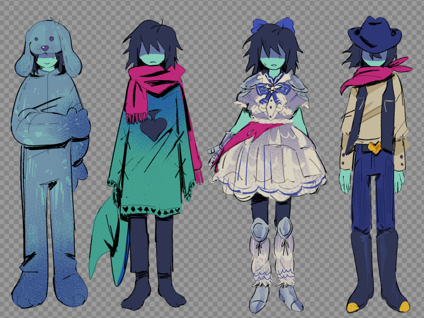 1other, animal_costume, blue_bow, blue_skin, bow, checkered_background, colored_skin, cosplay, cowboy_hat, deltarune, dog_costume, dress, hair_bow, hair_over_eyes, hat, highres, kris_(dark_world)_(deltarune), kris_(deltarune), kris_(shootout)_(deltarune), kris_(susiezilla)_(deltarune), morick, official_alternate_costume, partially_shaded_face, ralsei, ralsei_(cosplay), ralsei_(hat), scarf, utdr_(toby_fox), vest