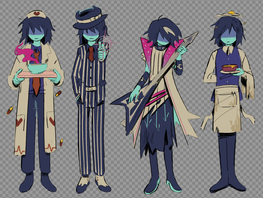 1other, apron, blue_skin, checkered_background, colored_skin, deltarune, electric_guitar, food, food_on_head, formal_clothes, guitar, hair_over_eyes, hat, highres, instrument, kris_(cooking_show)_(deltarune), kris_(dark_world)_(deltarune), kris_(deltarune), kris_(gangster)_(deltarune), kris_(lightners_live)_(deltarune), kris_(takecare)_(deltarune), lab_coat, morick, nurse_cap, object_on_head, official_alternate_costume, partially_shaded_face, striped_suit, suit, utdr_(toby_fox), waist_apron, waiter