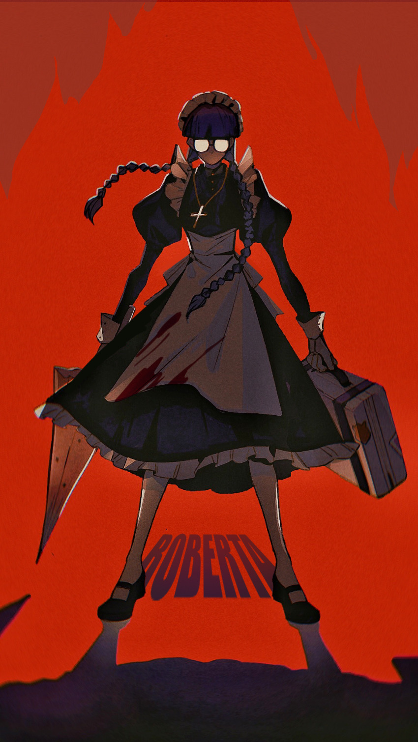 1girl, apron, black_dress, black_hair, black_lagoon, blood, blood_on_clothes, braid, dress, highres, holding, holding_suitcase, long_hair, maid, maid_apron, mi_tang, red_background, roberta_(black_lagoon), round_eyewear, solo, suitcase, twin_braids