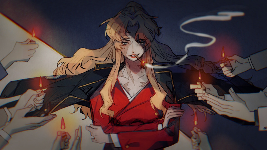 1girl, balalaika_(black_lagoon), black_lagoon, blonde_hair, crossed_arms, disembodied_hand, formal_clothes, highres, holding, holding_lighter, lighter, long_hair, looking_at_viewer, mi_tang, red_suit, scar, scar_on_face, smoking, suit