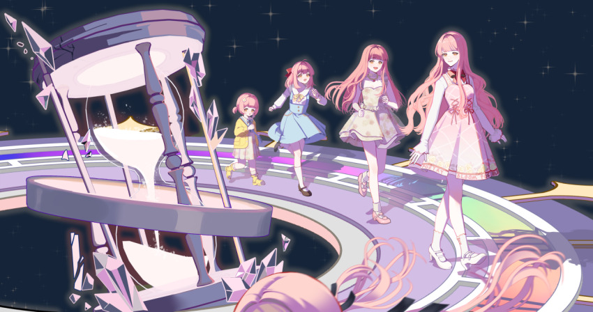 5girls, age_progression, ahoge, ankle_socks, argyle_clothes, argyle_dress, artist_request, bare_arms